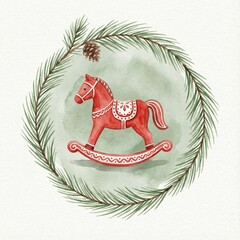 Watercolor illustration of a red rocking horse Christmas ornament, framed with a wooden circle, decorated with pine branches, a pine cone, and a red ribbon