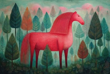 Surreal illustration of a large red horse standing in a stylized forest with colorful abstract trees and soft pastel clouds in the sky.