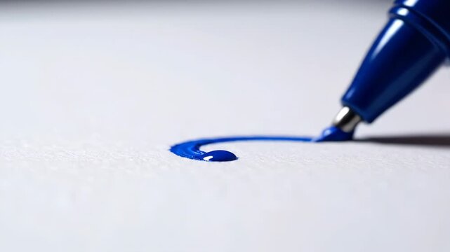 Extreme slow motion macro view of a generic blue pen tip slightly touching blank white paper signaling the beginning of a crucial creative writing task tip, process, study