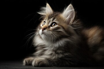 Obraz premium luxury pet portrait, fluffy kitten, dark background, studio lighting, premium stock look