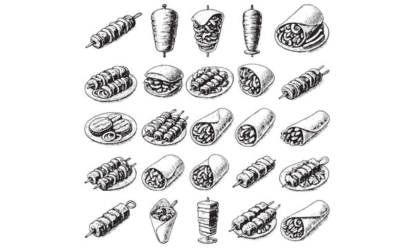 Vintage Street Food Wraps and Sandwiches Illustration Set