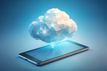 A smart digital business technology concept featuring a wireless cloud computing icon glowing above the screens of a mobile smartphone, electronic tablet, and laptop computer equipment