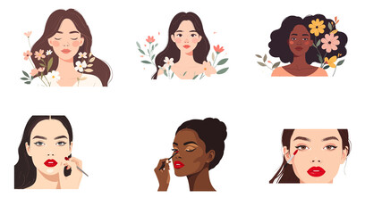 Modern Beauty Diverse Women Portraits with Floral Accents and Makeup Artistry Illustrations for Versatile Backgrounds