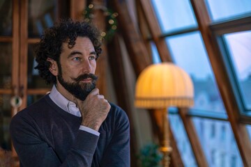Thoughtful man with beard and mustache looking out window with hand on chin