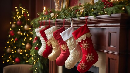 Decorated christmas fireplace with stockings and tree