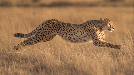Fototapeta premium Cheetah in full stride, running through tall dry grass in the African savanna