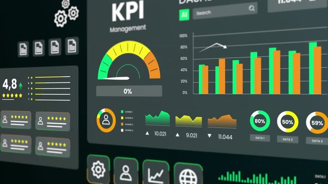 High tech dashboard displaying real time performance monitoring with a central KPI gauge and supporting data charts.