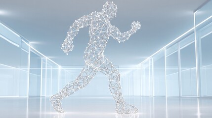 Geometric wireframe running man figure with bright connections in an abstract digital environment