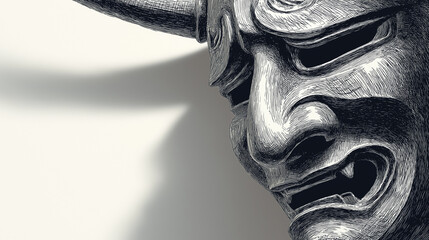 Intimidating Demon Mask: An antique and intricately detailed traditional Japanese demon mask with ominous horns is dramatically cast in shadow, invoking a sense of mystery and ancient power.