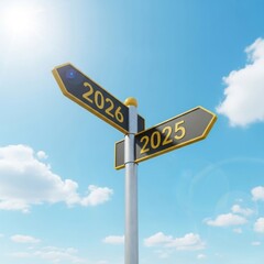 Fototapeta premium Signpost showing directions to the future, with 2025 and 2026 labels, under a bright sky