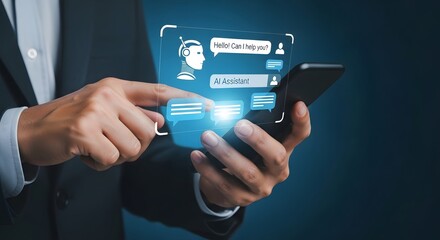 Artificial intelligence chatbot ai assistant mobile app technology communication concept hands on phone