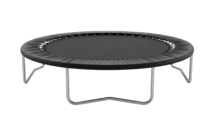 Round black trampoline with silver metal legs against a black background image