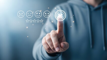 Customer satisfaction rating selection on digital interface by person in hoodie