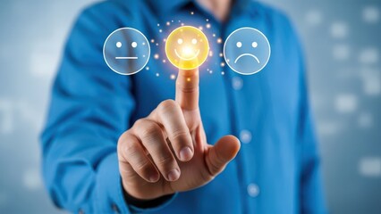 Customer satisfaction feedback concept with hand touching neutral face icon on digital interface