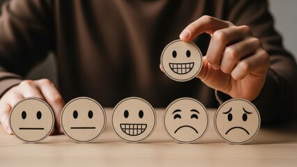 Customer satisfaction survey concept with wooden blocks showing different facial expressions from neutral to very happy