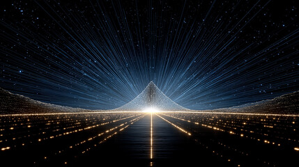 Cybernetic Horizon: A futuristic abstract landscape with radiant lines converges towards a central point, evoking a sense of technological advancement and limitless potential.