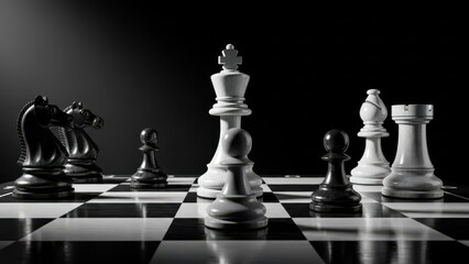 Dramatic black and white chess game setup with king and queen in focus, strategy and competition concept