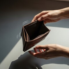 Two hands hold open a brown wallet, implying a lack of money with dynamic motion lines