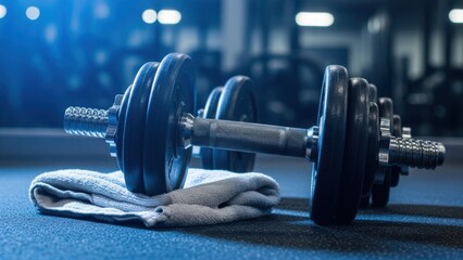 Dumbbell and towel on gym floor with blue lighting, focus on weight training equipment