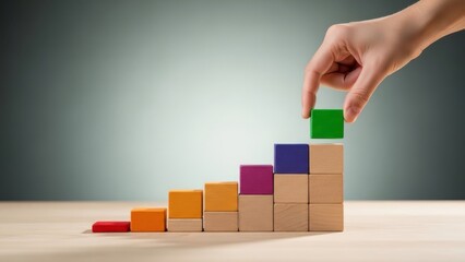 Hand placing a green wooden block on a rising staircase made of colorful blocks, symbolizing growth, success, and achievement
