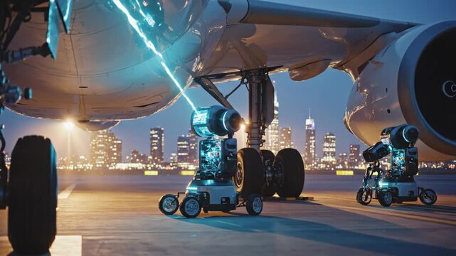 Autonomous Inspection Robots Examine Aircraft Landing Gear on Busy City Airport Tarmac.