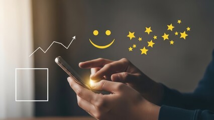 Customer feedback and satisfaction rating on mobile phone application with glowing smiley face and star rating icons