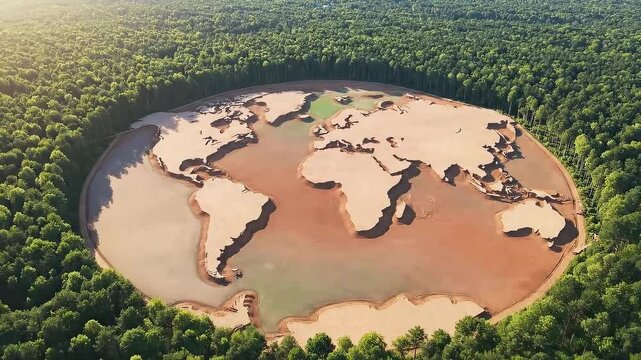 Aerial view of a forest clearing with a world map depression.