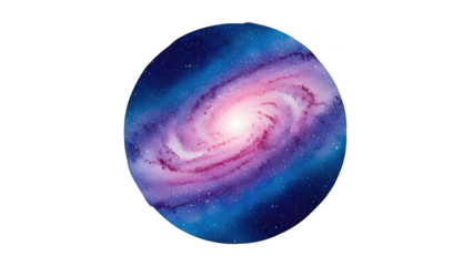 Swirling pink and blue galaxy with bright white center and scattered stars against black background space