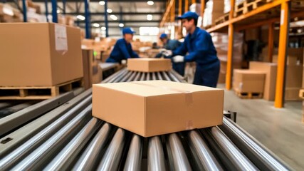 Cardboard box conveyor in warehouse with worker handling packaging, shipping, logistics, industrial storage, and efficient distribution process - Powered by Adobe