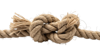 Thick natural fiber rope tied in a knot with frayed ends on black background jute