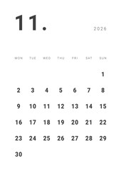 Monthly page Calendar Planner Template design of November 2026. Vector layout of calendar with week start Monday for Scheduling. Page for size A4 or 21x29.7 cm