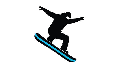 Snowboarder Jumping High on Blue Snowboard Isolated on White © Naseem