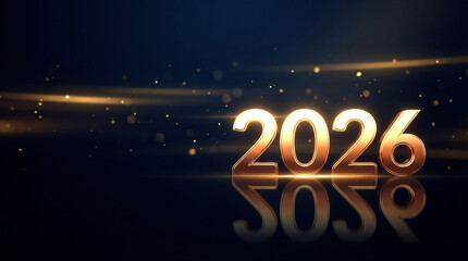 Luxury New Year background with glowing metallic 2026 on dark glossy surface, soft golden bokeh and light streaks, ideal for festive banners and marketing.