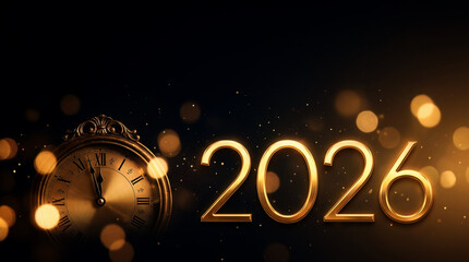 Elegant New Year background with glowing golden 2026 numbers, classic clock at midnight, soft golden bokeh and sparkles, ideal for festive banners and marketing.