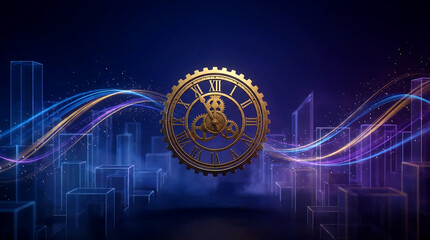 Futuristic New Year background with oversized golden clock at 11:59, glowing abstract cityscape, swirling light trails, ideal for festive banners and marketing.