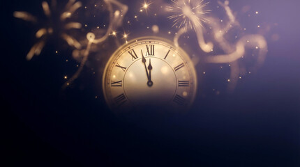 Elegant New Year background with classic clock at midnight, floating golden fireworks and subtle sparkles, deep gradient, ideal for festive banners and marketing.