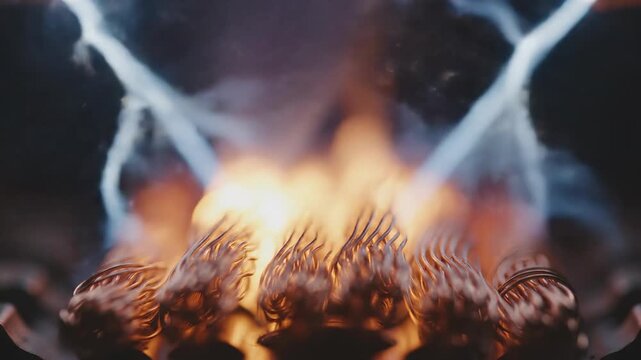Extreme slow motion macro view of brilliant electrical energy surging through thin copper filaments creating mesmerizing light patterns and intense heat science, science, abstract