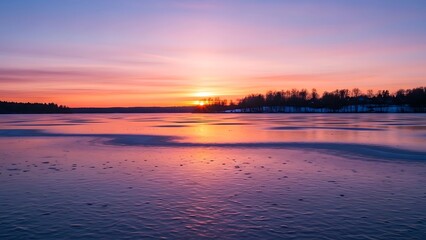 Sunset Over Frozen Lake with Colorful Sky Reflection