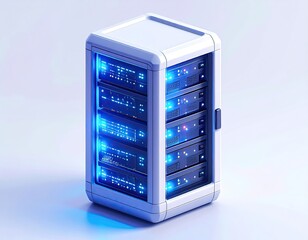 A computer server cabinet glows with blue lights, hinting data
