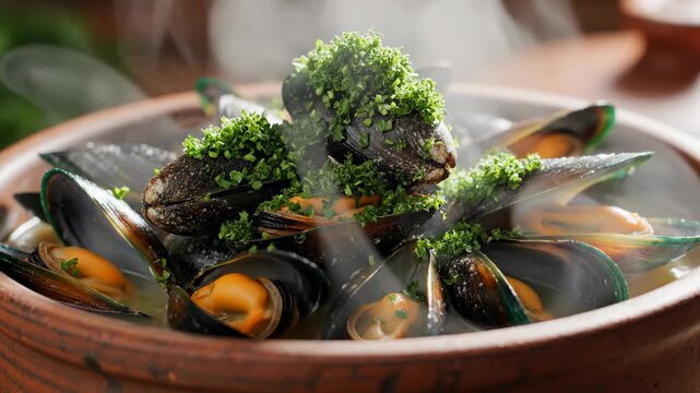 Extreme slow motion macro view of chopped fresh green parsley gently sprinkling and settling onto a pile of hot steaming mussels in a rustic bowl vibrant, fragrance, commercial use