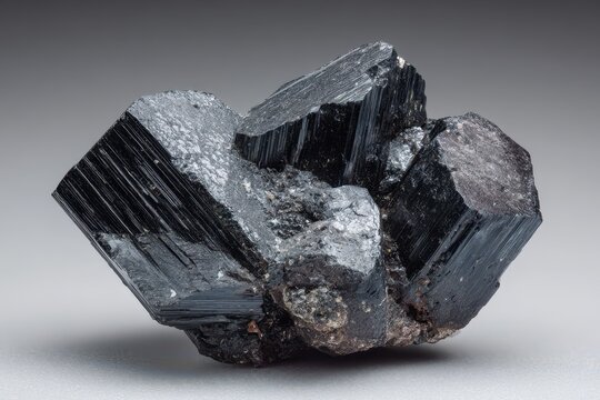 Close-up of manganese tungstate hubnerite crystals: dark, submetallic prisms with distinct striations