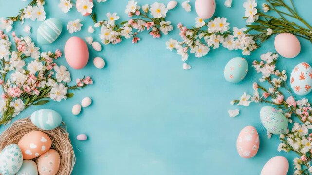 Flat lay arrangement of decorated holiday eggs and delicate white flowers framing vibrant aqua table surface ready for springtime celebration.