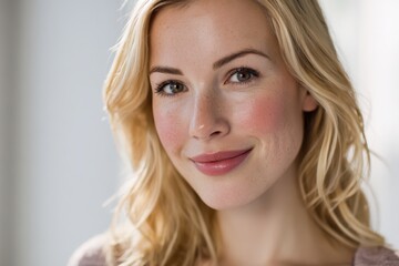 Fototapeta premium Warm-toned portrait of a cute blonde woman showing a confident, beaming smile