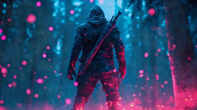 Lone warrior figure with drawn sword stands in mystical, glowing forest setting