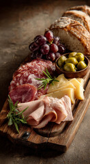 Halal Charcuterie Board Without Pork, Featuring Beef Bresaola, Smoked Turkey, Chicken Mortadella, Cheese and Rustic Bread on Wooden Board