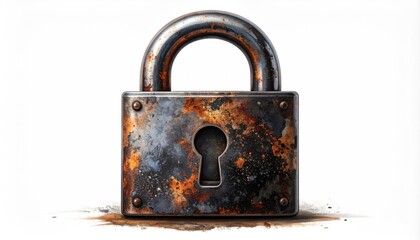 Close-up of a weathered, rusty padlock against a white background