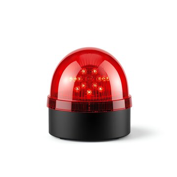 Vector illustration of a red fire alarm button with a glass ball icon and ring symbol on a metallic badge label design