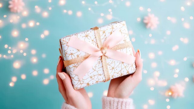 Womans hand tenderly presenting wrapped present with golden pattern and pink ribbon against soft teal bokeh light setting