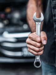 Precision in Hand: A skilled mechanic's hand firmly grips a gleaming wrench, ready to tackle the intricacies of automotive repair. the perfect image for illustrating the dedication and expertise