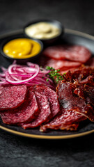 High-Resolution Overhead Halal Charcuterie Board with Beef Bresaola, Smoked Turkey, Chicken Mortadella, Cheese, Grapes and Bread on Rustic Wood